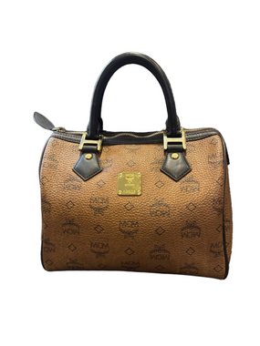 MCM Cognac Visetos Brown Boston with Black Handles and Gold Hardware